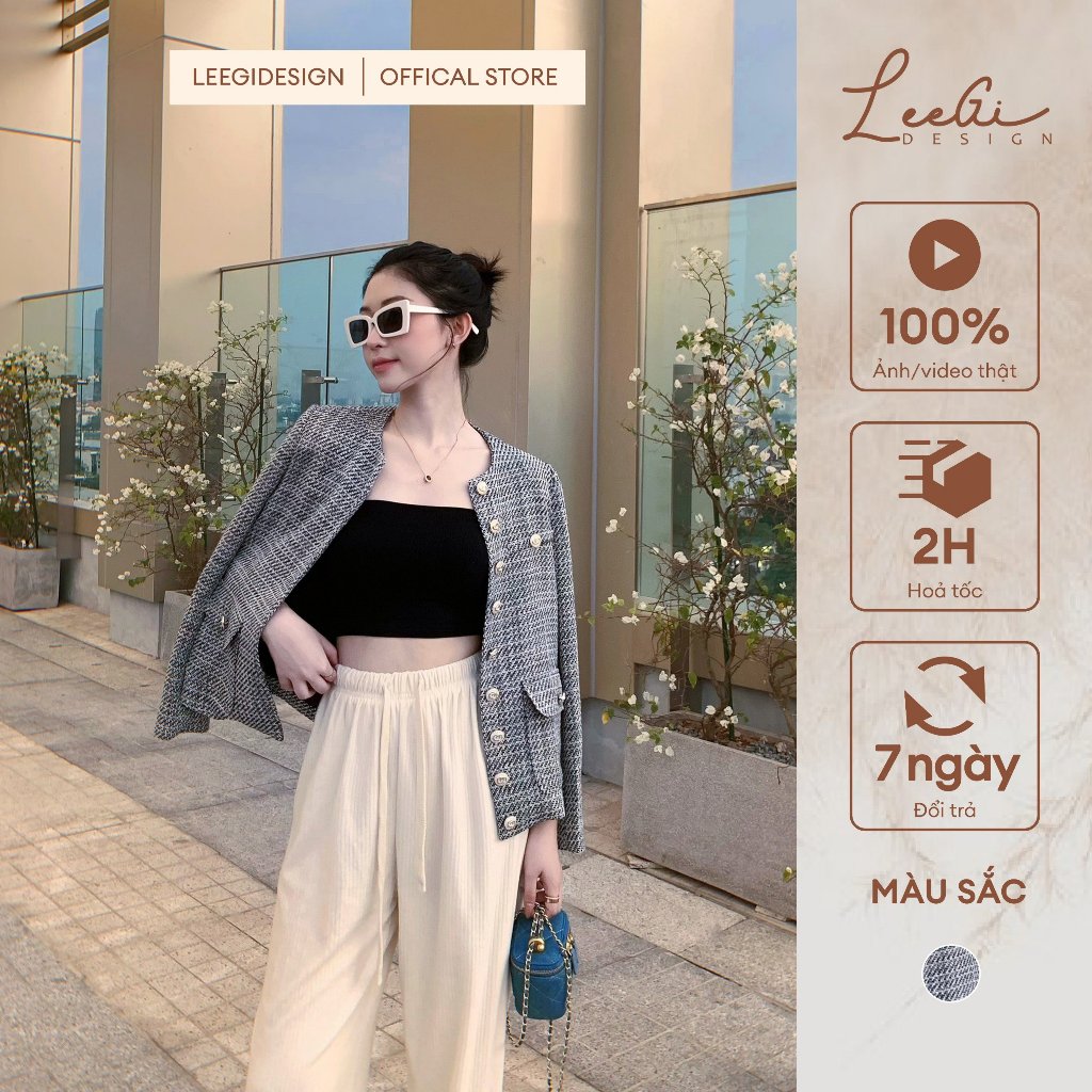 Áo vest dạ tweed LeeGi Design cổ tròn phối túi hộp ghi sang trọng Min6905