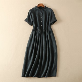 {Hàng mới về} Đầm babydoll chất liệu linen có cổ bẻ tròn, tay ngắn