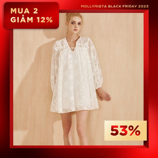 MOLLYNISTA Đầm thiết kế trắng von dệt hoa nổi dáng suông Freesize thanh lịch nữ tính cao cấp tôn dáng