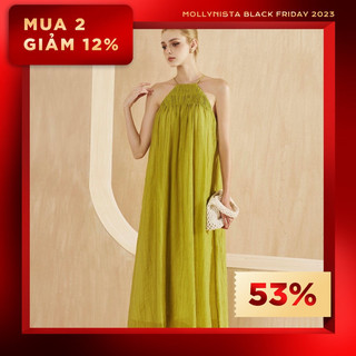 MOLLYNISTA Đầm thiết kế tơ suông nhún cổ yếm Freesize thanh lịch quyến rũ nữ tính cao cấp