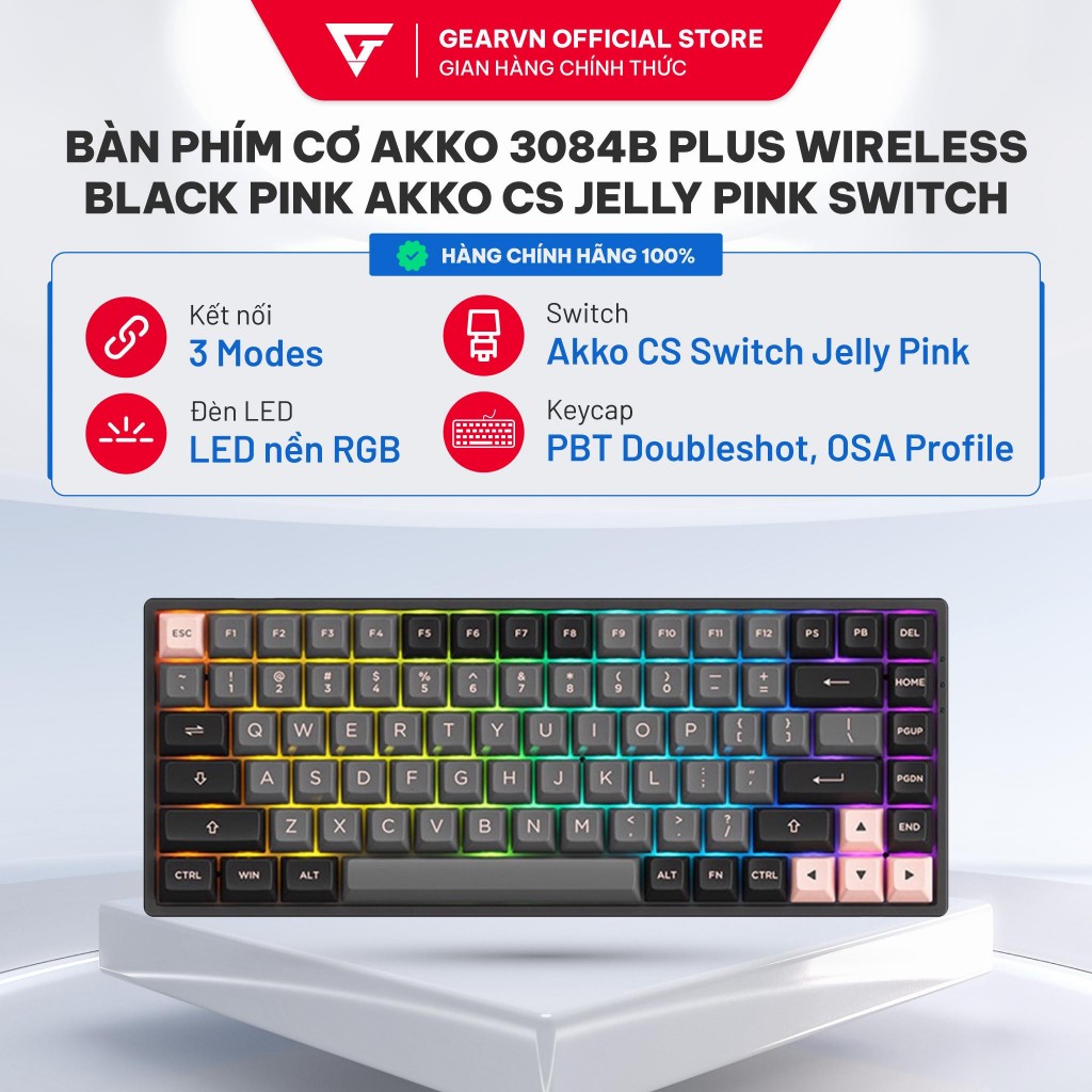 Bàn phím cơ AKKO 3084B Plus Wireless Black Pink Akko CS Jelly Pink switch