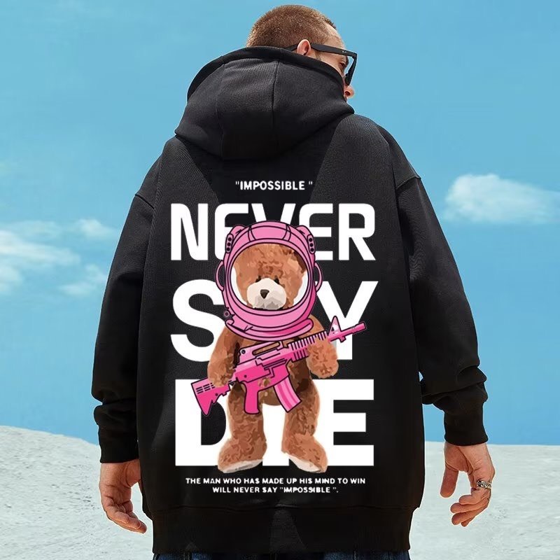 Áo Hoodie nỉ Gấu Never say die, cá tính nam nữ form rộng, áo nỉ mũ 2 lớp mùa đông unisex vải cotton dày dặn,ấm áp, áo cặ