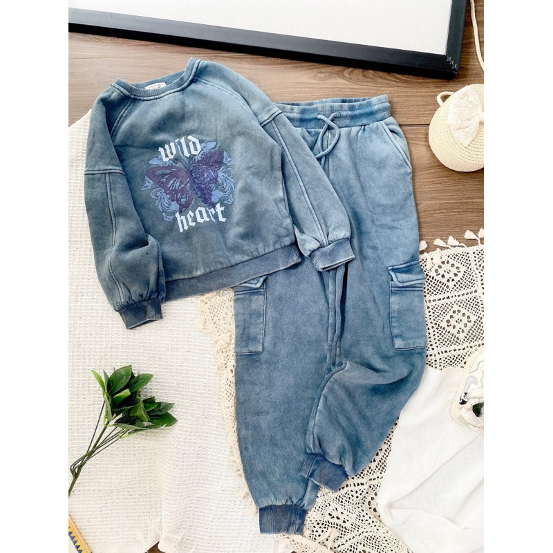 Bộ nỉ xanh bụi wildheart cho bé