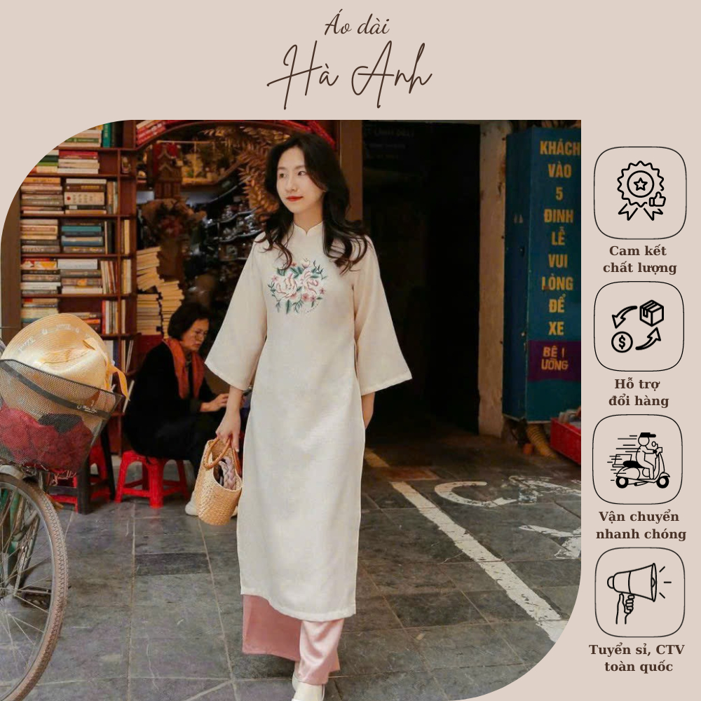 Áo dài cách tân nữ họa tiết thêu hoa