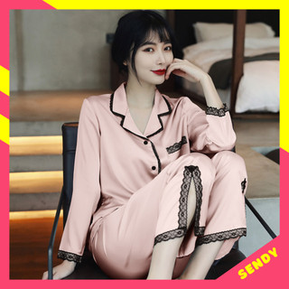 Đồ bộ nữ - đồ mặc nhà dài tay vải pijama lụa nhiều màu trơn viền ren sang trọng ddlp10
