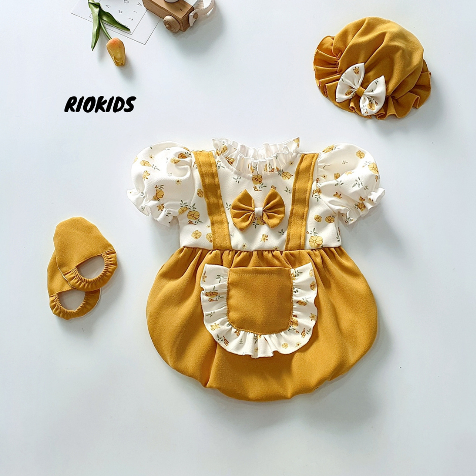 Body yếm cho bé gái sơ sinh RIOKIDS, quần áo đầy tháng thôi nôi, đi chơi, Lễ Tết nhung vàng BD22