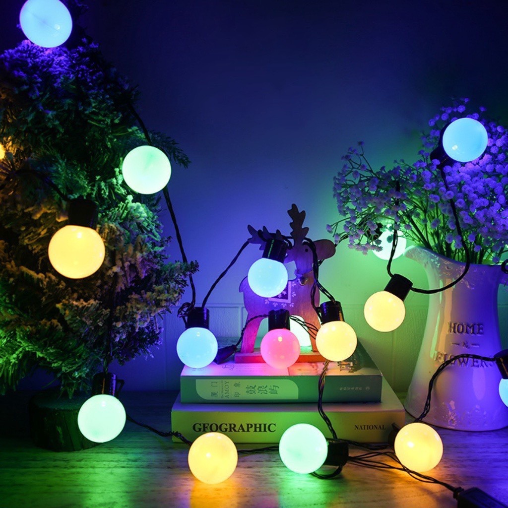 Dây Đèn Led Trang Trí Ngoài Trời  Dài 5m 20 Bóng Tròn Phi 5CM Cắm Điện Có Phích Nối Thêm Dây