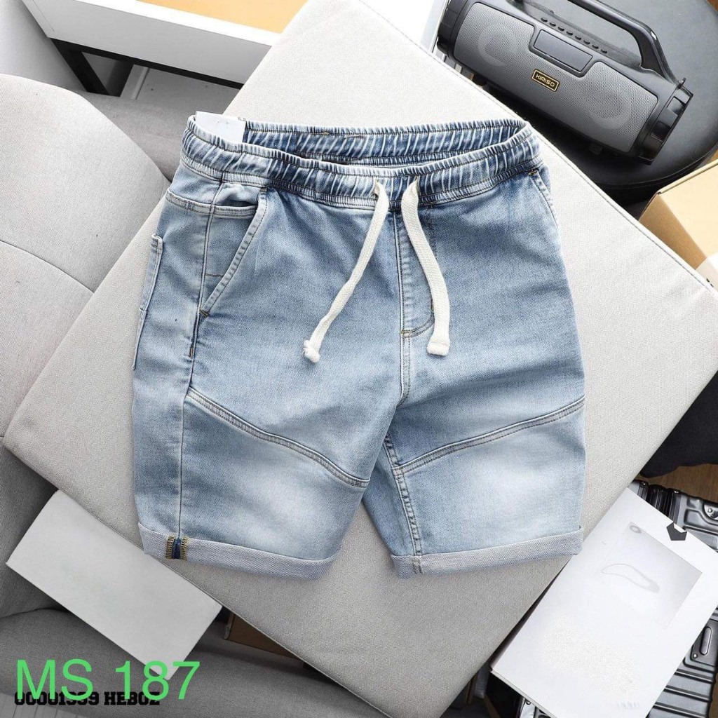 Quần short chun lửng dành cho nam, chất jean (bò) denim co giãn, FORM NHỎ, may giả khóa, 4 màu xanh đen xám