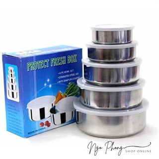 Bộ thố lạnh inox 5 món, set 5 tô inox có nắp đậy không gỉ kèm box tiện dụng