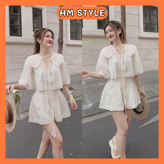 Set áo tơ cổ bèo tay bồng cúc ngọc + quần sooc cạp chun chất tơ óng mã HB496 HMStyle