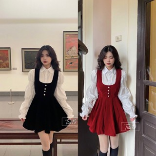 SET YẾM VÁY NHUNG CÚC NGỌC metwo.dearu - Set váy nhung xoè chiết eo babydoll kèm áo sơ mi trắng bèo ulzzang tiểu thư HQ