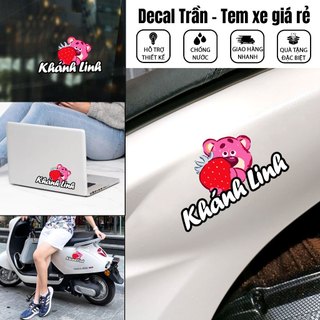 Tem dán xe hinh gấu dâu in tên riêng, tem dán xe máy , tem dán xe điện, sticker trang trí mũ bảo hiểm