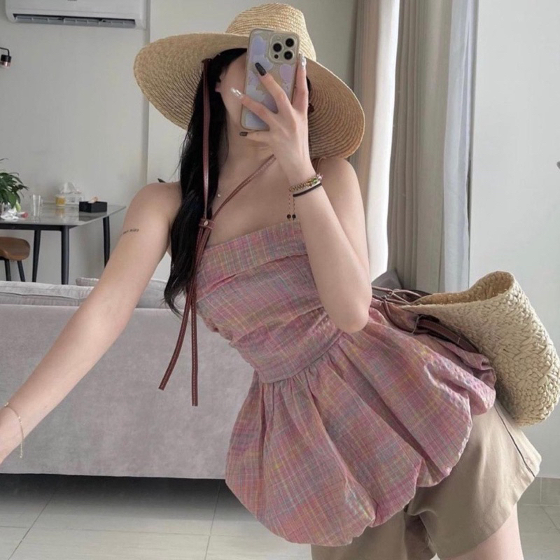 Áo Quây Kẻ Caro Hồng Phối Lưng Chun Dáng Xoè Bồng