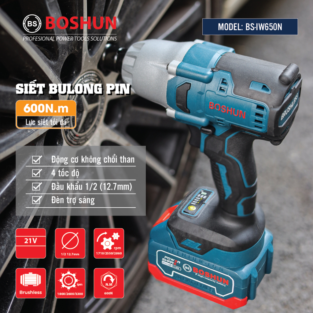 Máy siết bulong BOSHUN BS-IW600N Lực siết khủng 600NM / Chuyên siết mở nồi Xe tay ga, Xe Ôto, Xe tải, Khoan, Bắt vít