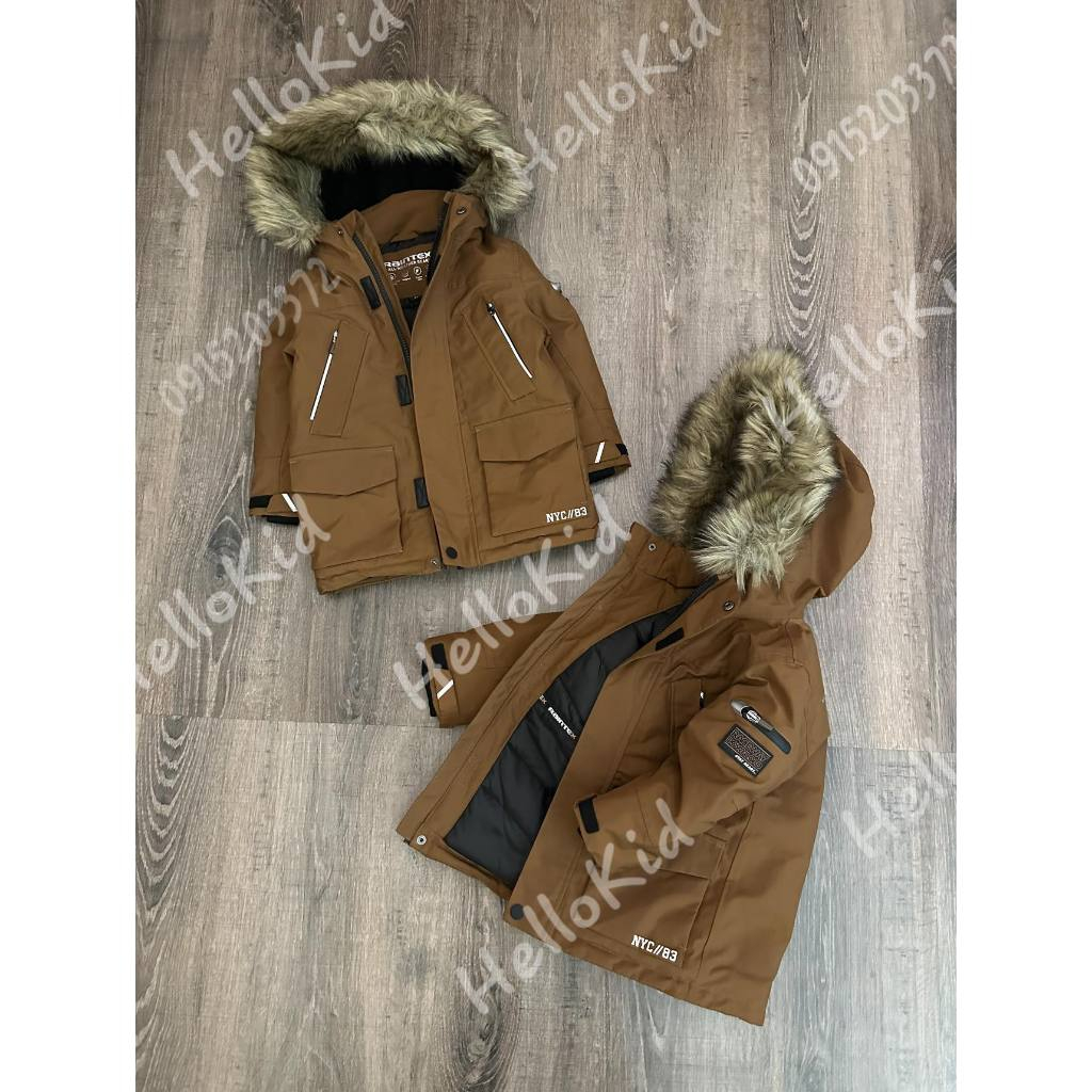 Áo khoác parka nâu tây mũ lông CA cho bé