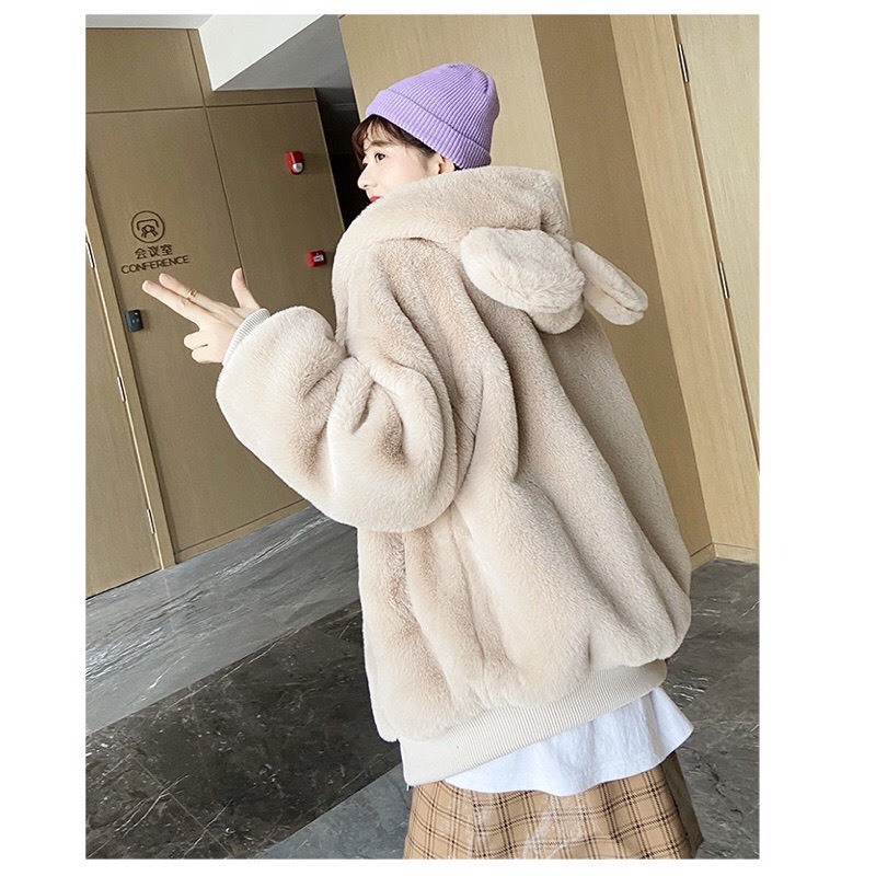 Áo khoác lông nữ tai thỏ chất lông siêu mềm mại màu be ấm áp