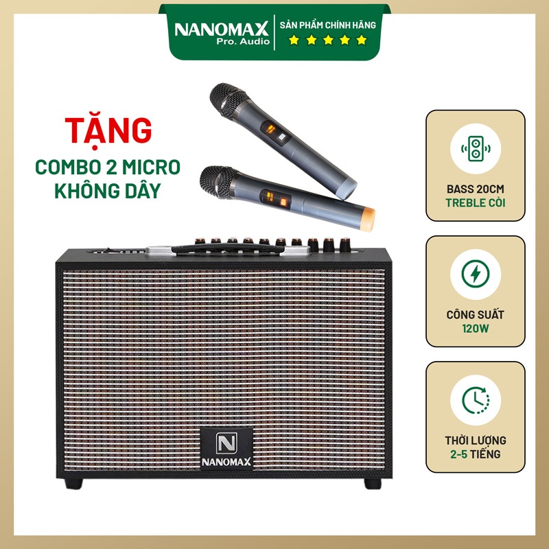 Loa Karaoke Xách Tay Nanomax K-01 Đen Bass 20cm 120w Tặng Kèm 2 Mic Hát Karaoke