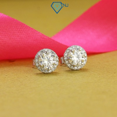 Bông tai nữ Moissanite 6ly xi bạch kim kèm thẻ tra cứu viền đính đá sang trọng BTNM0003 - Trang Sức TNJ