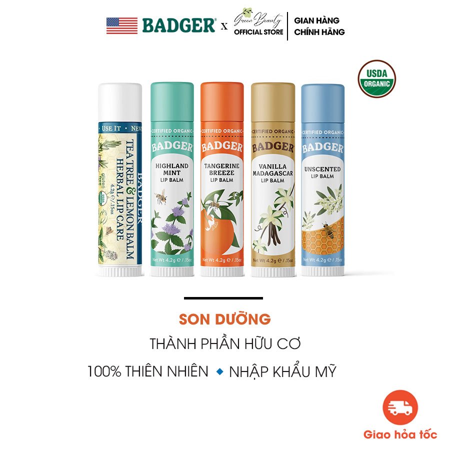 Son Dưỡng Hữu Cơ USDA Organic Làm Dịu Môi Thiên Nhiên Lành Tính Nhập Khẩu Mỹ BADGER Lip Balm An Toàn Mẹ Bầu Em Bé