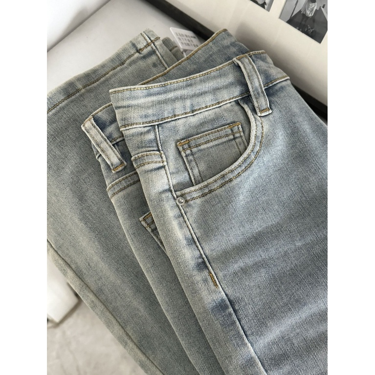 Quần jean ống loe xanh mài, Quần bò loe xanh mài lưng cao chất co dãn dáng ôm siêu xinh S03