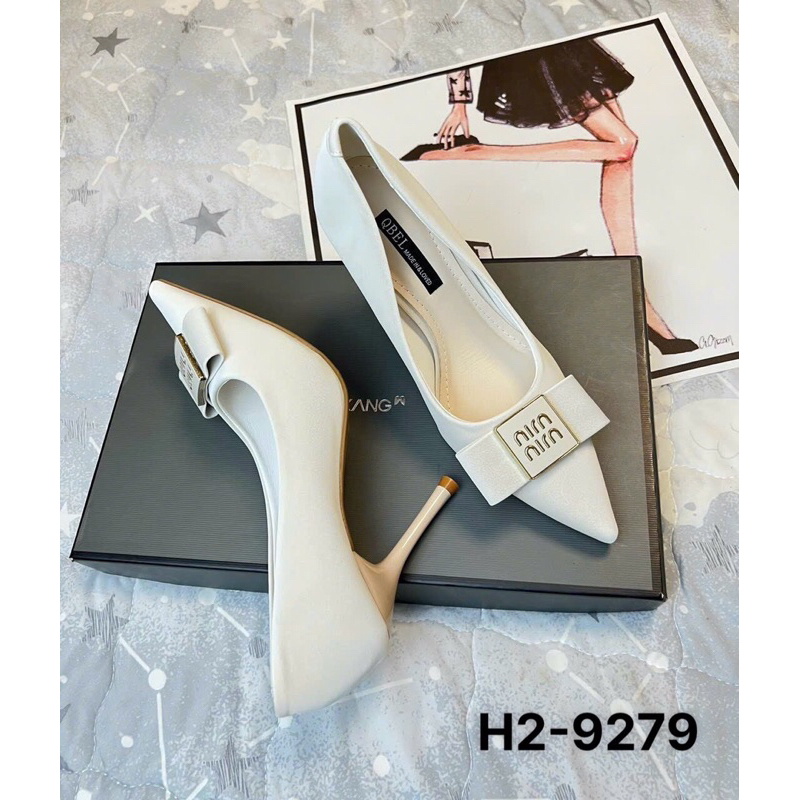 Giày cao gót công sở gắn nơ, giày da mềm mũi nhọn, giày gót nhọn 9cm mã H2