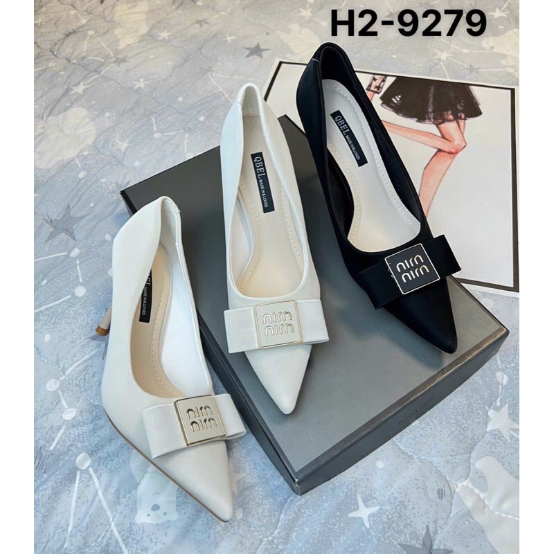 Giày cao gót công sở gắn nơ, giày da mềm mũi nhọn, giày gót nhọn 9cm mã H2