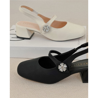 SOBINAAFOOTWEARSG - BÚP BÊ MŨI TRÒN TRƠN DA MỀM - GIÀY SANDAL NỮ GÓT VUÔNG CAO 3 PHÂN SẴN MÀU ĐEN - TRẮNG KEM HOA ĐÁ