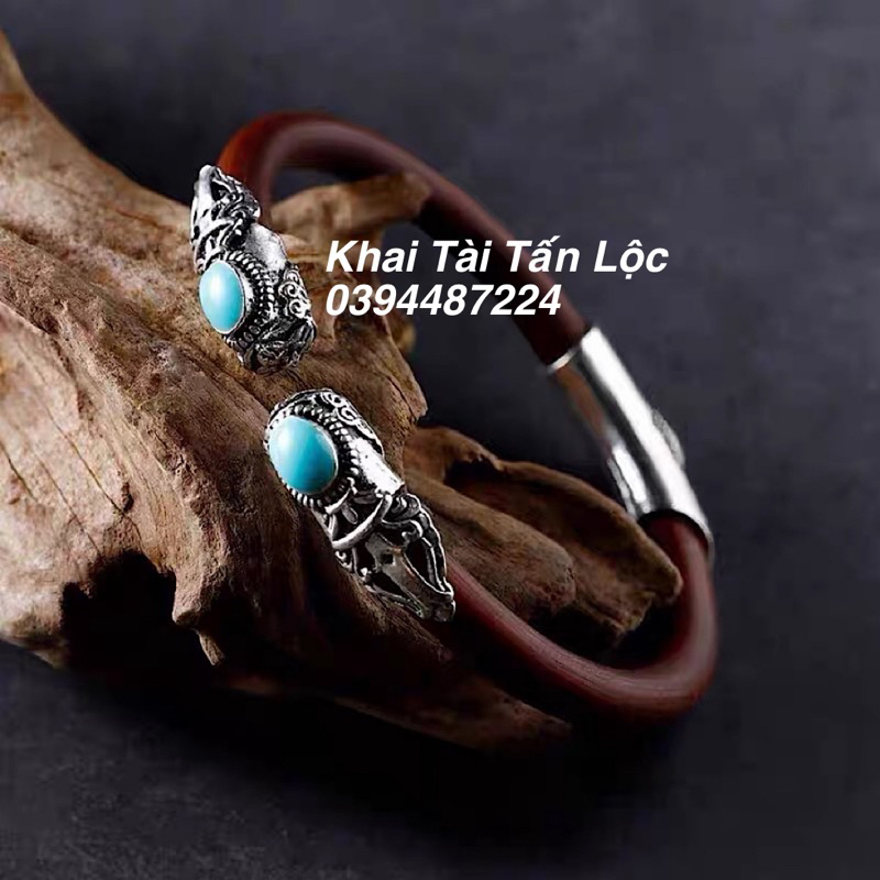 Vòng tay kê huyết đằng Tây Tạng bọc charm Ngọc lam bình an và may mắn