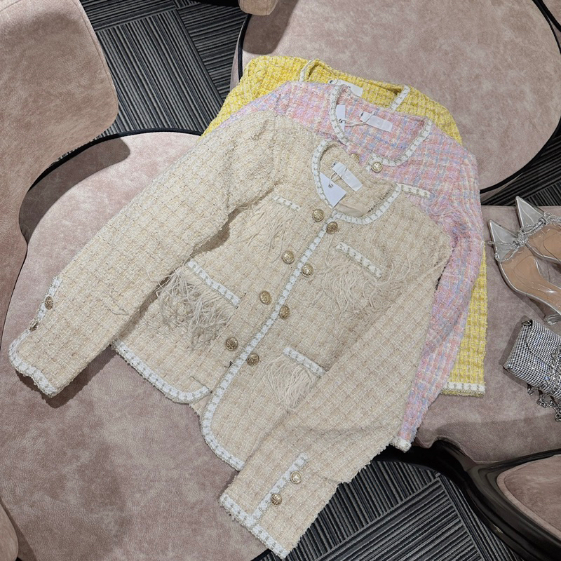 Ara Basic - (ảnh chụp thật) Áo khoác dạ Tweed mỏng dáng lửng