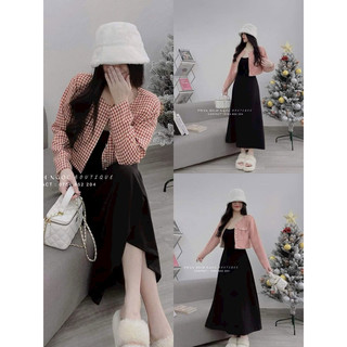 Đầm xu hướng dễ thương du lịch Tết chất thun gân lạnh váy suông đen 2 dây kèm áo khoác bố dạ kim cương caro tay dài XĐ