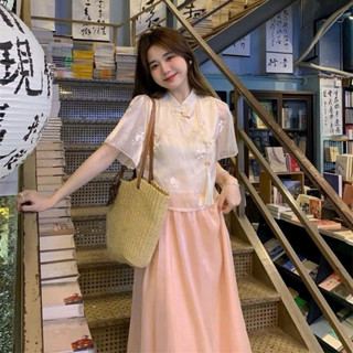  SÉT VÁY THỜI TRANG NỮ STYLE CỔ ĐIỂN ÁO CHẤT VOAN HOA NÚT CÀI MÂY CỔ TÀU TAY NGẮN MIX CHÂN VÁY VOAN ÁNH TƠ CÓ LÓT QC 