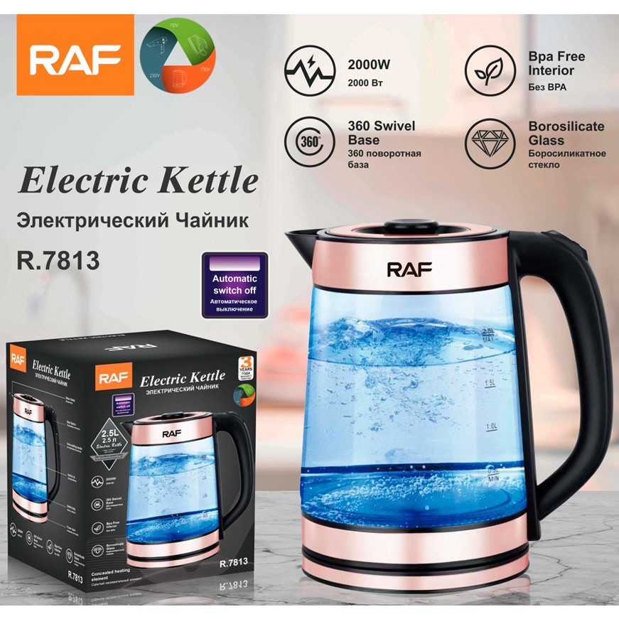 Ấm đun siêu tốc Thủy Tinh 2.2L 2000W RAF R.7813