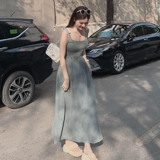  Đầm Váy Jean Bò Mềm Mại Denim Hai Dây Cúp Ngực Nhún Lưng Sau Dáng Dài Xòe Hot HIt QC L1 Style Nhẹ Nhàng Xinh Xắn 