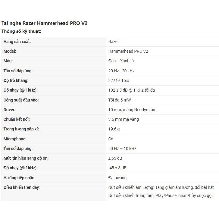 Tai Nghe Razer Hammerhead Pro V2 Chơi Game Mượt Mà Không Delay Âm Thanh Chân Thực Sống Động - Bảo Hành 24 Tháng ZiZuTech