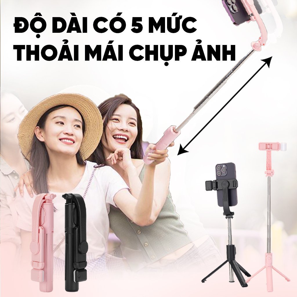 Gậy tự sướng gấp gọn, có remote kết nối bluetooth và đèn LED trợ sáng, quay được 360 độ