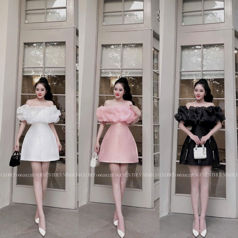 Đầm thời trang nữ mặc đi chơi Tết chất tapta phối voan trễ vai công chúa đính đá váy xoè ngắn mini chữ A trơn 3 màu