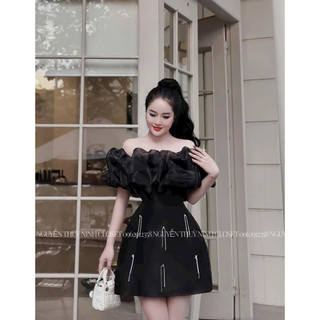 Đầm hotnew  Tết tapta phối voan trễ vai công chúa đính đá váy xoè ngắn mini chữ A trơn 3 màu