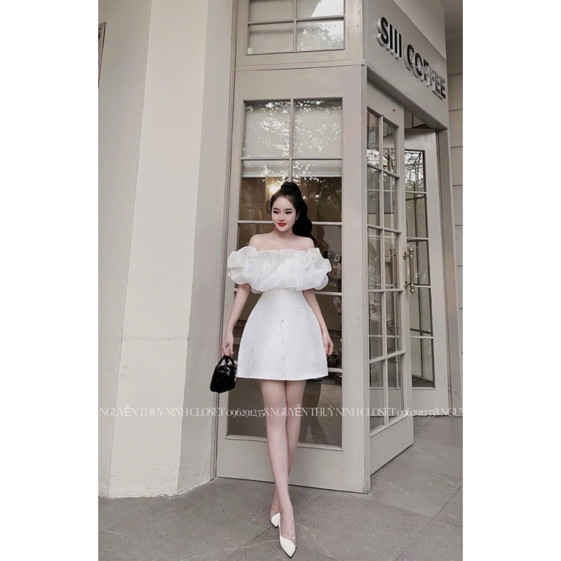 Đầm thời trang nữ mặc đi chơi Tết chất tapta phối voan trễ vai công chúa đính đá váy xoè ngắn mini chữ A trơn 3 màu