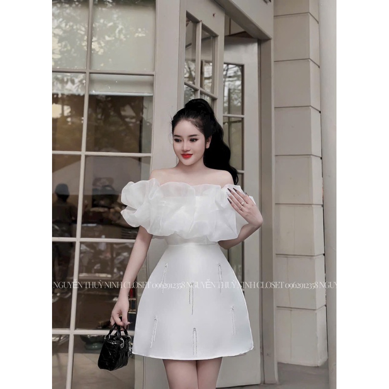 Đầm thời trang nữ mặc đi chơi Tết chất tapta phối voan trễ vai công chúa đính đá váy xoè ngắn mini chữ A trơn 3 màu