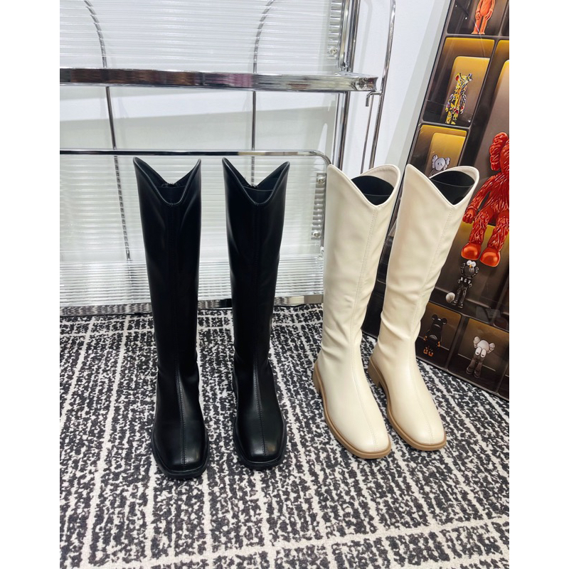 Boot đùi cổ V da lì lót lông đế bệt 3p khoá sau siêu xinh