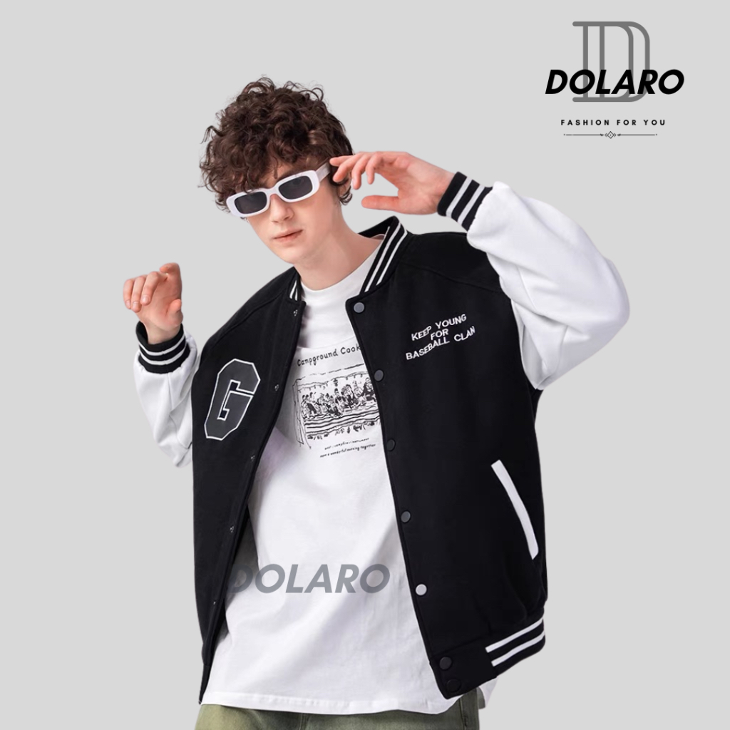 Áo khoác bomber unisex DOLARO chất nỉ dày dặn, khoá nút cao cấp kèm tag mác chính hãng y hình