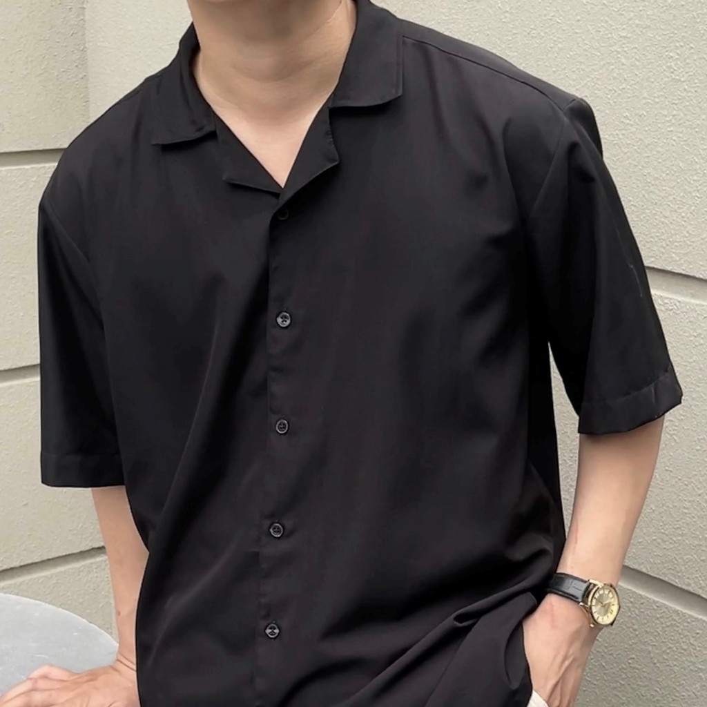 Áo sơ mi nam ngắn tay cổ vest Hàn Quốc Utilwear đen vải chéo Ý trơn chuẩn form, sang trọng, thoái mái, dễ phối đồ