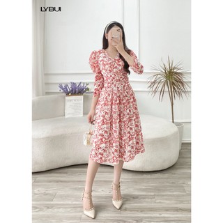 Váy cổ v hoa nhí tay lỡ - đỏ ly bui lda15sd