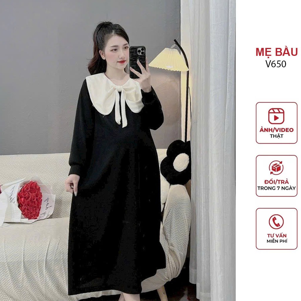 ĐẦM VÁY BẦU THU ĐÔNG DÀI TAY CỔ SƠ MI CÁCH ĐIỆU CHẤT LEN GÂN ĐẸP - ĐẦM BẦU SUÔNG FREESIZE