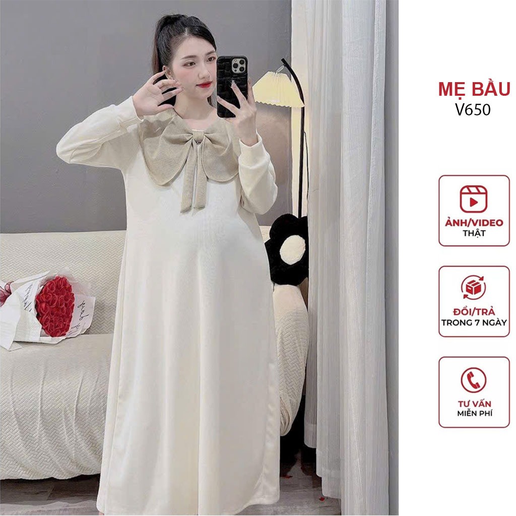 ĐẦM VÁY BẦU THU ĐÔNG DÀI TAY CỔ SƠ MI CÁCH ĐIỆU CHẤT LEN GÂN ĐẸP - ĐẦM BẦU SUÔNG FREESIZE