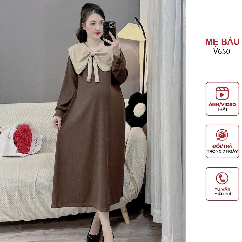 ĐẦM VÁY BẦU THU ĐÔNG DÀI TAY CỔ SƠ MI CÁCH ĐIỆU CHẤT LEN GÂN ĐẸP - ĐẦM BẦU SUÔNG FREESIZE