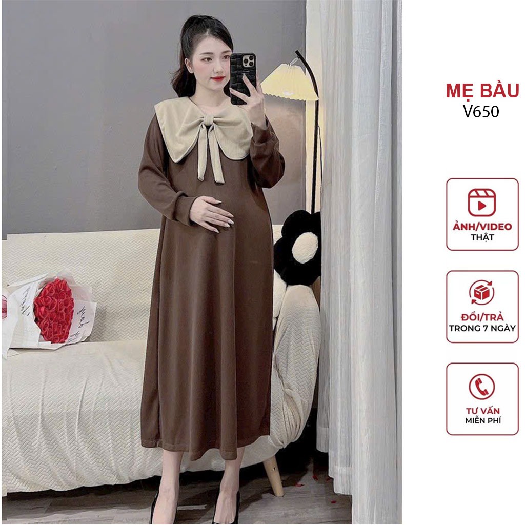 ĐẦM VÁY BẦU THU ĐÔNG DÀI TAY CỔ SƠ MI CÁCH ĐIỆU CHẤT LEN GÂN ĐẸP - ĐẦM BẦU SUÔNG FREESIZE