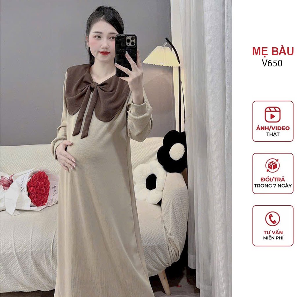 ĐẦM VÁY BẦU THU ĐÔNG DÀI TAY CỔ SƠ MI CÁCH ĐIỆU CHẤT LEN GÂN ĐẸP - ĐẦM BẦU SUÔNG FREESIZE