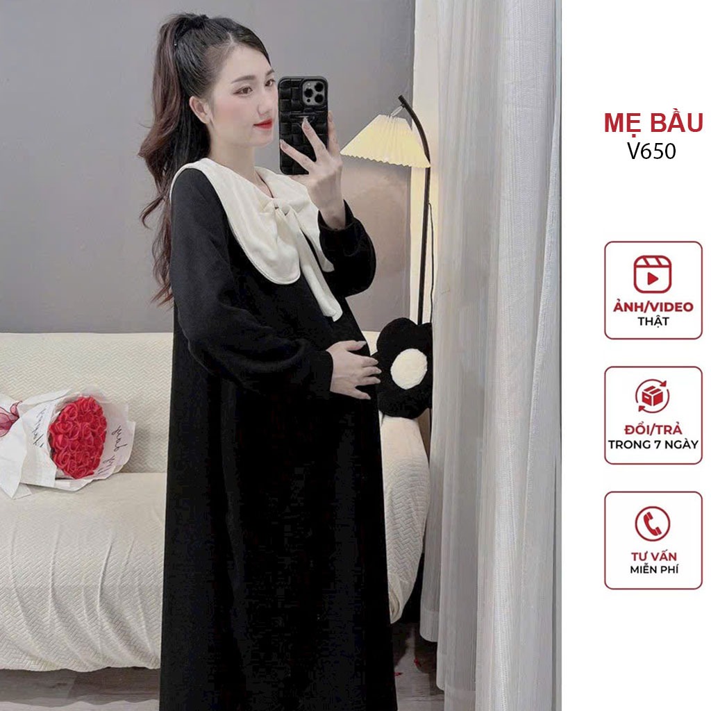 ĐẦM VÁY BẦU THU ĐÔNG DÀI TAY CỔ SƠ MI CÁCH ĐIỆU CHẤT LEN GÂN ĐẸP - ĐẦM BẦU SUÔNG FREESIZE