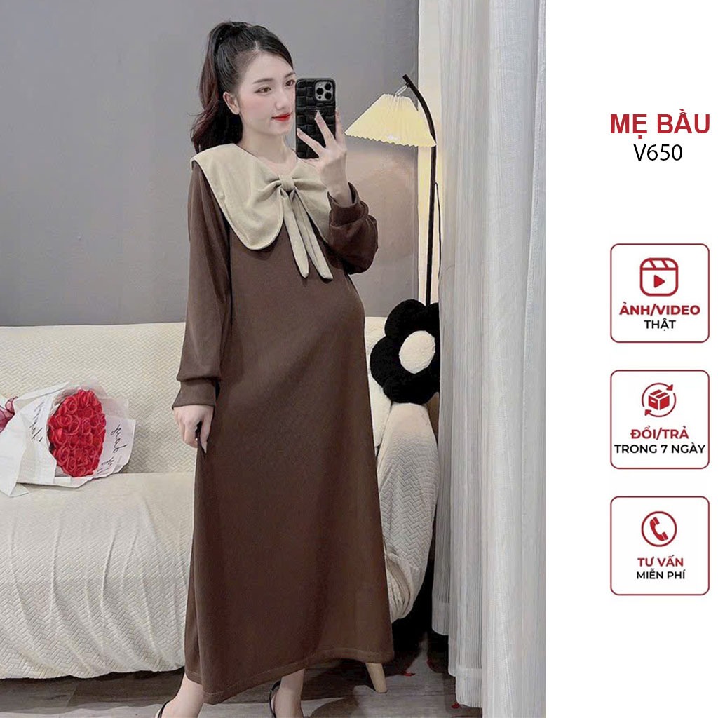 ĐẦM VÁY BẦU THU ĐÔNG DÀI TAY CỔ SƠ MI CÁCH ĐIỆU CHẤT LEN GÂN ĐẸP - ĐẦM BẦU SUÔNG FREESIZE